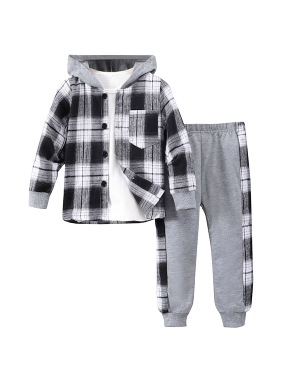 Toddler Boy Fall Outfits, Kids Winter Clothes 2T 3T 4T 5T 6T Long Sleeve Plaid Hooded Top Pants 2-Piece Set
