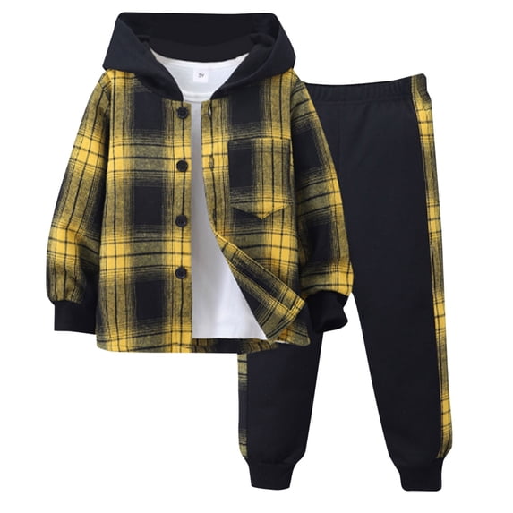 Chibenne Toddler Boy Fall Outfits, Kids Winter Clothes 2T 3T 4T 5T 6T Long Sleeve Plaid Hooded Top Pants 2-Piece Set