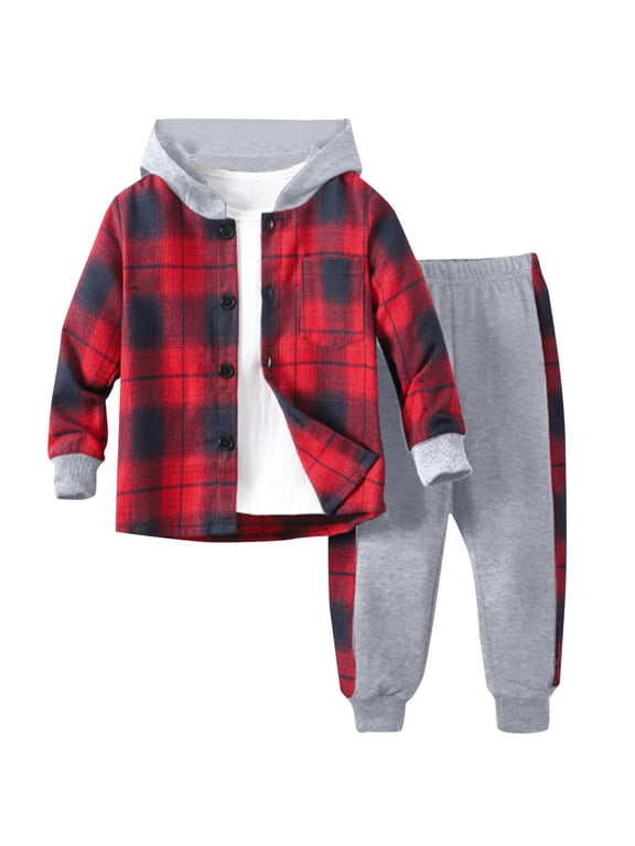 Toddler Boy Fall Outfits, Kids Winter Clothes 2T 3T 4T 5T 6T Long Sleeve Plaid Hooded Top Pants 2-Piece Set