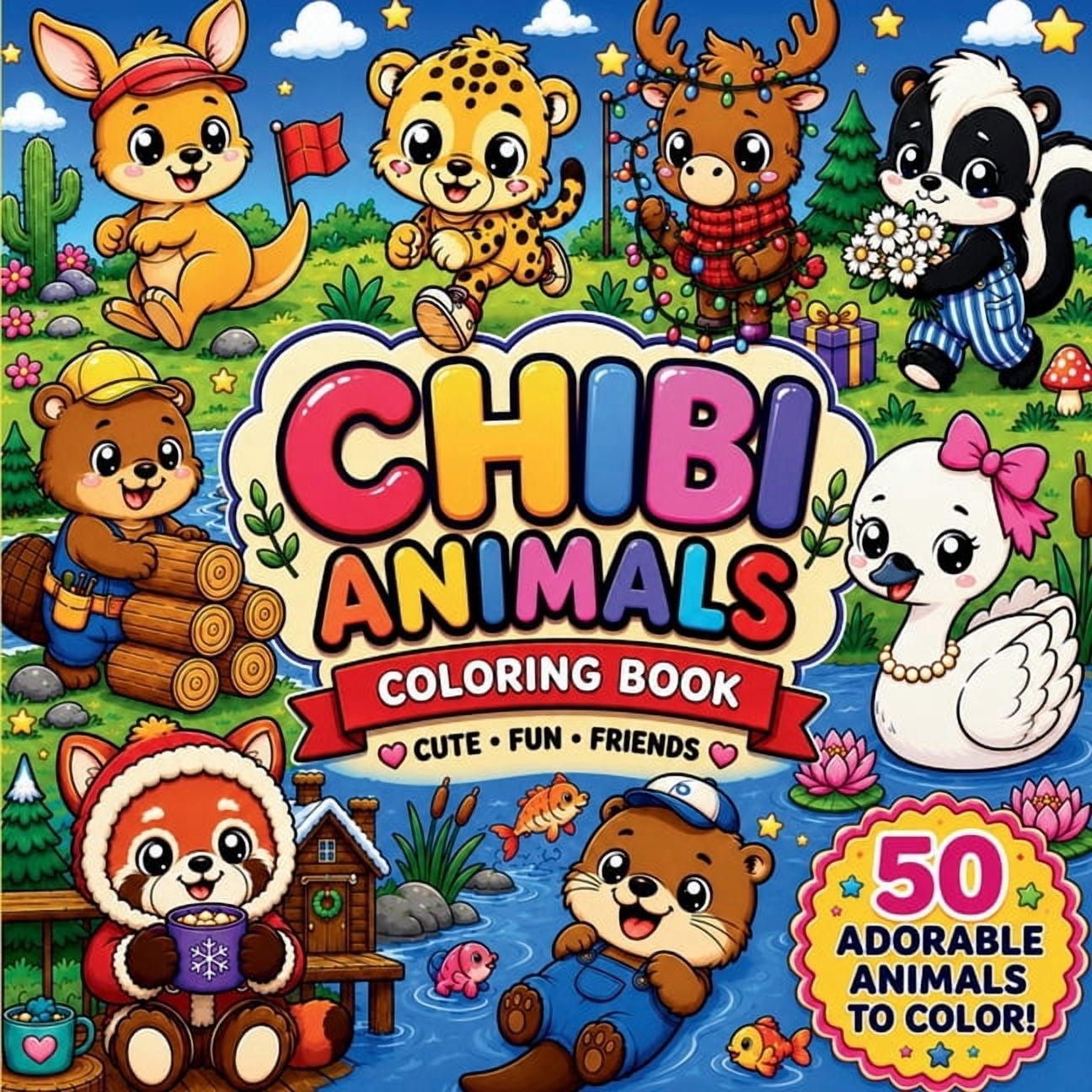 Chibi Animals Coloring Book: Cute Kawaii Creatures and Adorable Fun Cartoon Animals for Kids, (Paperback)