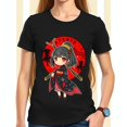 thumbnail image 1 of Chibi Anime Girl in Kimono T-Shirt - Black with Red Sun & Naginata Design - Cute & Fierce Japanese Culture Tee, 1 of 5
