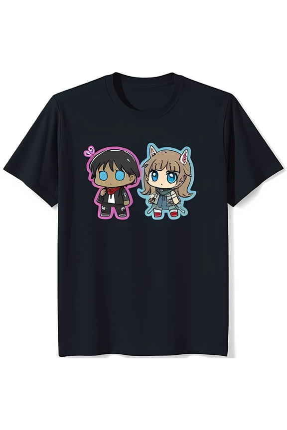 Chibi Cartoon Boy and Girl Black T-Shirt Cute Brown Hair Blue Eyes Red Bandana & Girl in Blue Dress Design