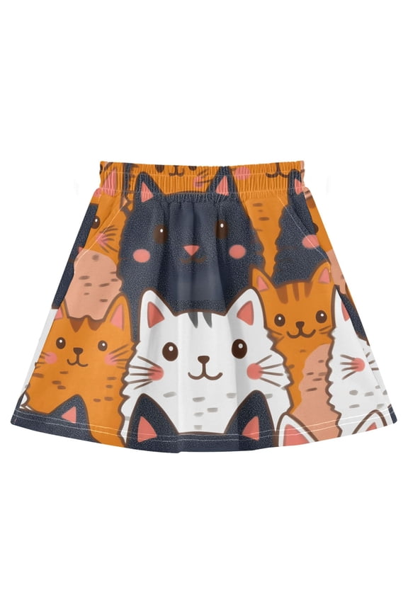 Chibi Cat Faces Pattern Cotton Skirt Built-in Liner Elastic A-Line Flared Skirt with Pockets