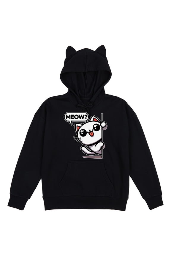 Chibi Cat Meow Women's Black Long Sleeve Cosplay Hoodie With 3D Ears-XS