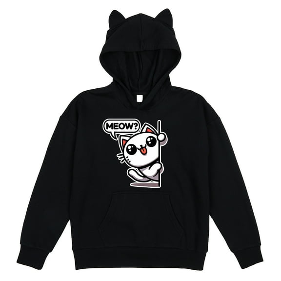 Chibi Cat Meow Youth Girl's Black Long Sleeve Cosplay Hoodie With 3D Ears-XS