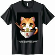 Chibi Cat Ramen Delight: Adorable design featuring a cute cat enjoying ramen in a bowl with chopsticks on a sleek black tshirt