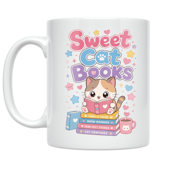 Chibi Cat Reading Books - Cat Lover - 11 oz Ceramic Coffee Mug