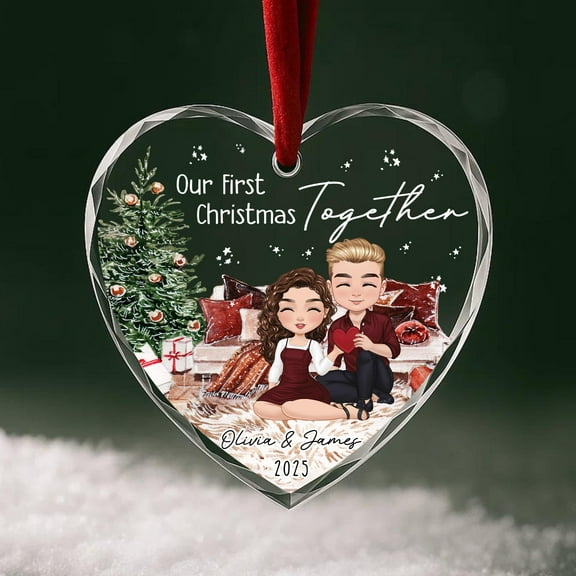 Chibi Couple Heart Ornament Personalized First Christmas Together Christmas Keepsake with Names | Custom Romantic Gift