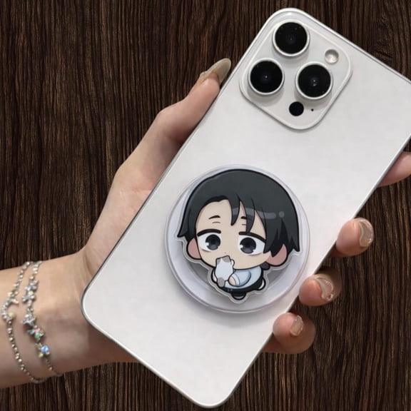 Chibi Dark Hair Anime Boy Phone Grip, Cute Bandaged Warrior Acrylic Phone Holder, Kawaii Anime Fighter Phone Stand, Otaku Gift