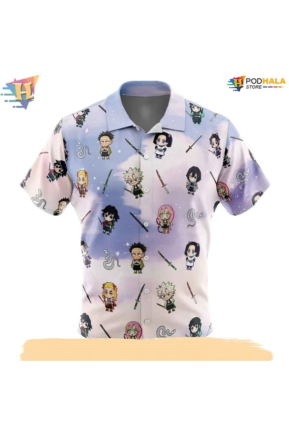 Chibi Demon Slayer Pattern Button Up Shirt, Hawaiian Style Anime Fan Apparel