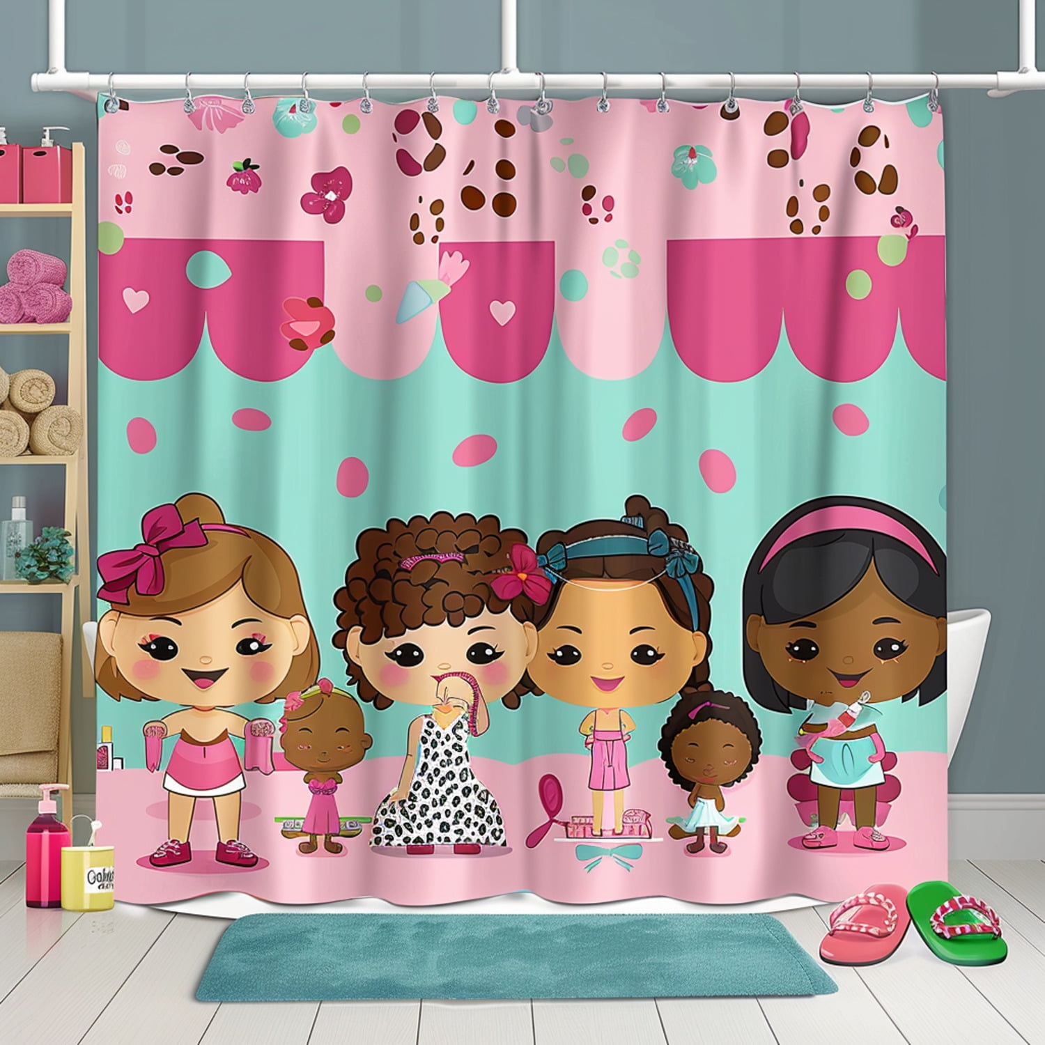 Chibi girls spa day shower curtain leopard print decor cute baby room