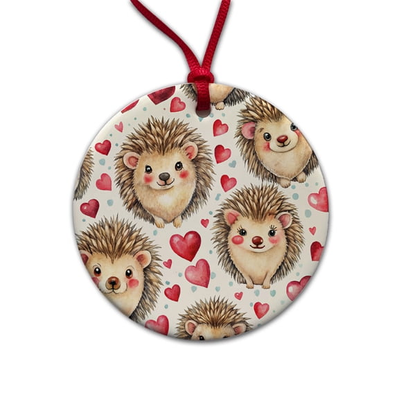 Chibi Hedgehogs And Hearts Watercolor Christmas Tree Holiday Round Ceramic Ornament