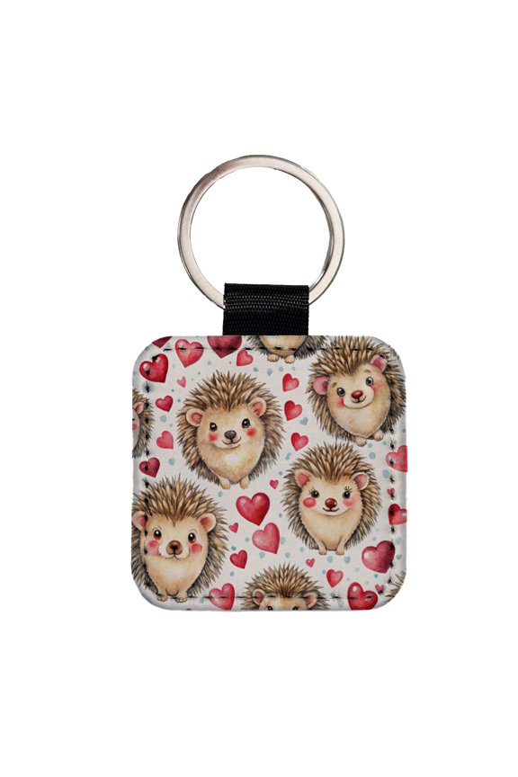 Chibi Hedgehogs And Hearts Watercolor Faux Leather Square Keychain