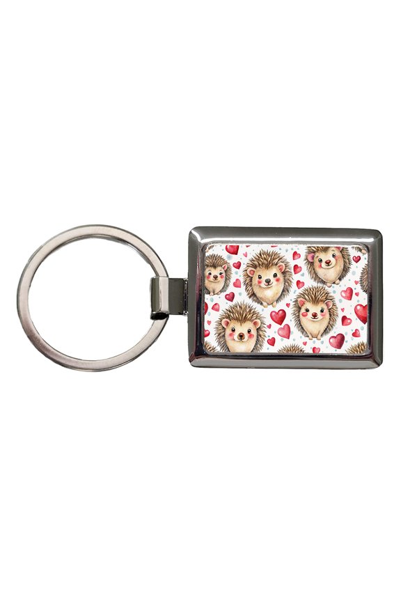 Chibi Hedgehogs And Hearts Watercolor Metal Rectangle Keychain
