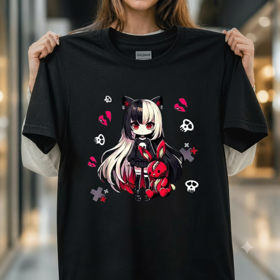 Chibi Kawaii Emo Pastel Goth Girl Japanese Creepy Anime Style Unisex T-Shirt, up to size 5XL