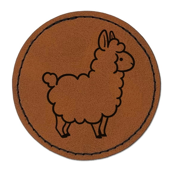 Chibi Little Llama 2.5" Faux Leather Round Engraved Iron-On Patch - Brown