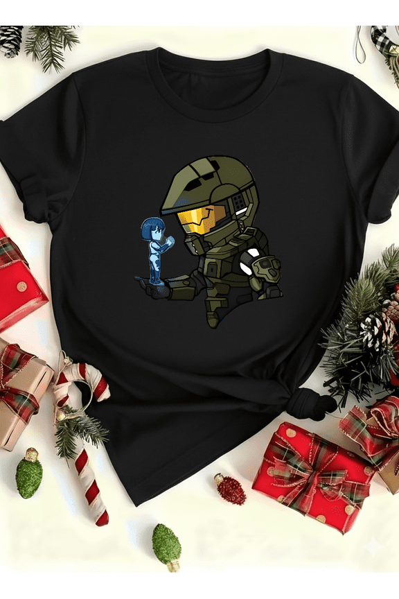 Chibi Master Chief And Cortana Cute Art Video Game Character Unisex T-Shirt V12631 up to size 5XL