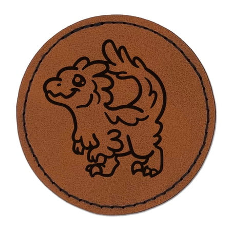 Chibi Raptor Feathered Velociraptor Dinosaur 2.5" Faux Leather Round Engraved Iron-On Patch - Brown