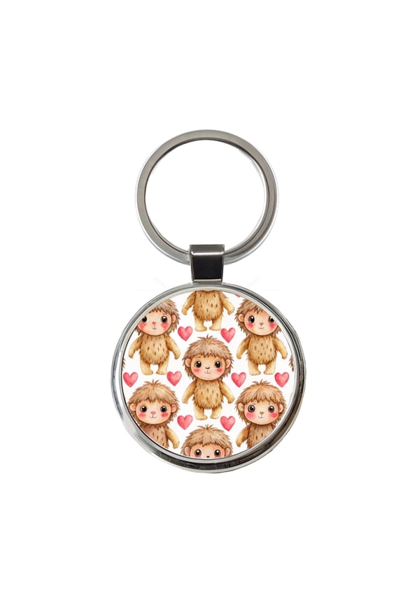 Chibi Sasquatch Big Foot Hearts Watercolor Metal Round Keychain