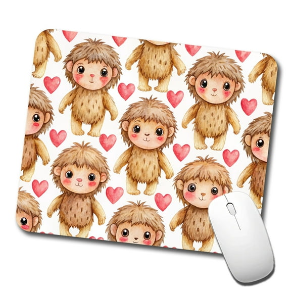 Chibi Sasquatch Big Foot Hearts Watercolor Mouse Pad Low Profile Gaming Mat