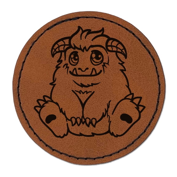 Chibi Sitting Yeti Abominable Snowman 2.5" Faux Leather Round Engraved Iron-On Patch - Brown