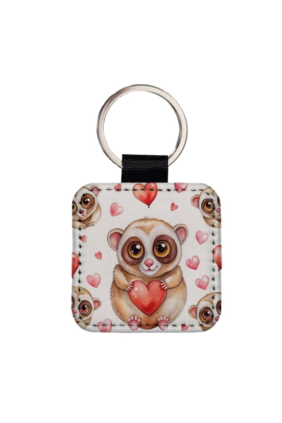 Chibi Slow Loris And Hearts Watercolor Faux Leather Square Keychain