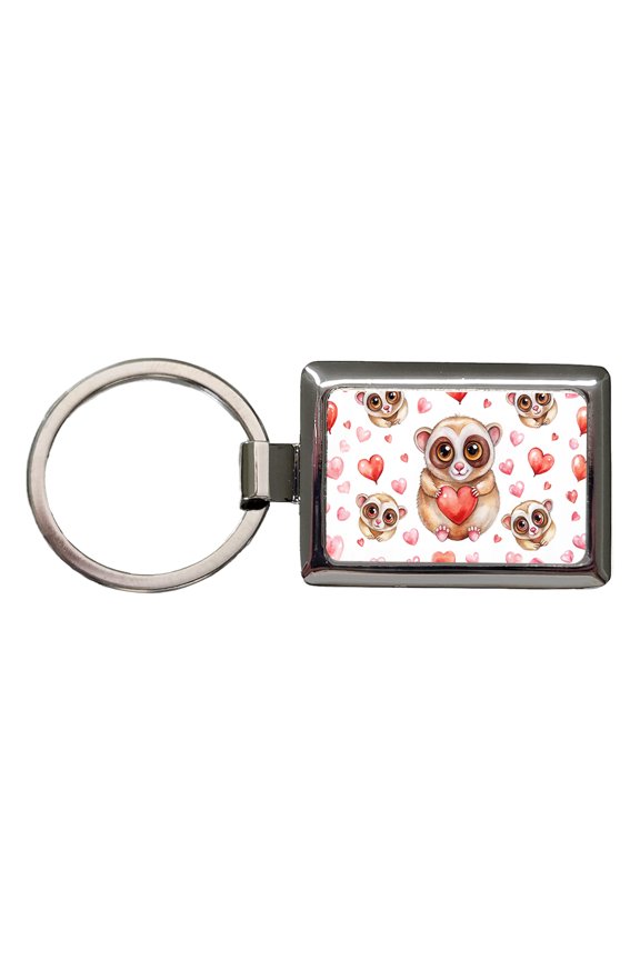 Chibi Slow Loris And Hearts Watercolor Metal Rectangle Keychain
