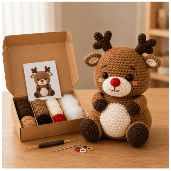 Chibi-Style DIY Christmas Crochet Doll Set, Cute Chibi Festive Figure Craft Kit for Building Personal Holiday Decor Collection Reindeer
