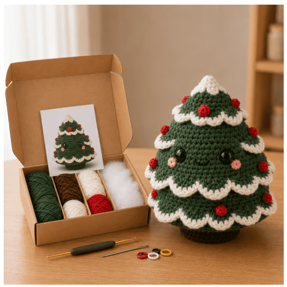 Chibi-Style DIY Christmas Crochet Doll Set, Step-by-Step Illustrated Pattern Guide Easy-Follow Holiday Crochet Kit Christmastree