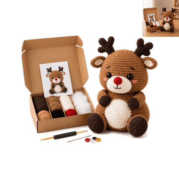 Chibi-Style Doll DIY Christmas Crochet Kit for Beginners, 4 Designs Chibi Xmas Figurine Making Kit, Complete Starter Set for Family DIY Activity Holiday Table Decor Reindeer