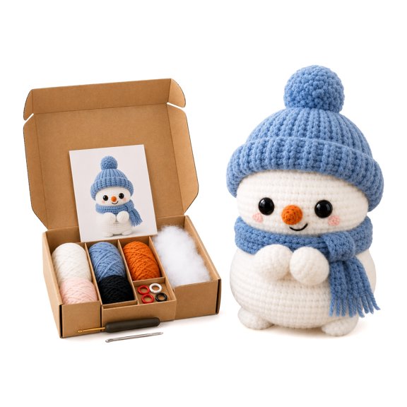 Chibi-Style Doll DIY Christmas Crochet Kit for Beginners, Complete Crochet Supplies with Illustrated Pattern, Make Chibi Santa Reindeer Snowman Tree Holiday Plush Decor Snowman