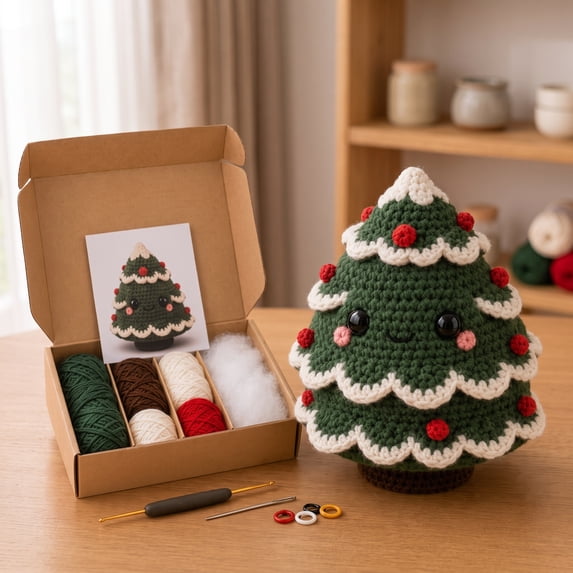 Chibi-Style Doll DIY Christmas Crochet Kit for Beginners, Cute Chibi Santa Deer Snowman Tree Plush Making Set, Complete Craft Supplies for Home Holiday Decor & Gift Christmas tree