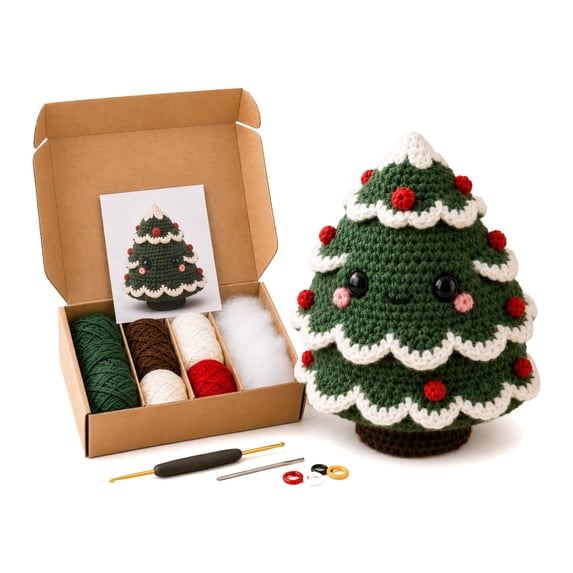 Chibi-Style Doll DIY Christmas Crochet Kit for Beginners, Easy Amigurumi Doll Craft Set with Full Yarn Tools, DIY Stress Relief Hobby Kit for Women Craft Lovers Xmas Present Christmas tree