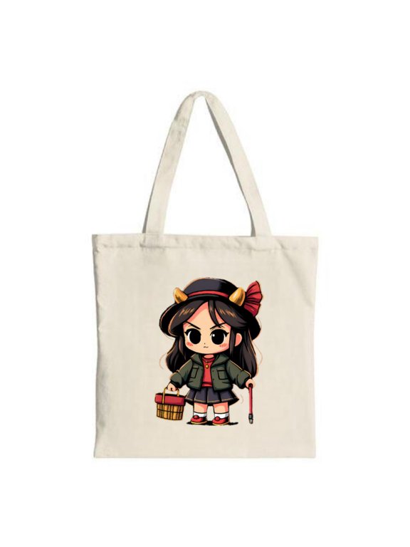Chibi Tote Bag - Cute Cartoon Design with Dark Hair Red Bow Green Jacket Dog & Basket - Perfect for Shopping & Travel