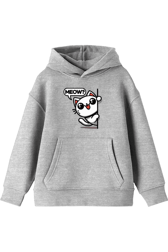Chibi White Cat Youth Heather Gray Long Sleeve Hoodie-XS