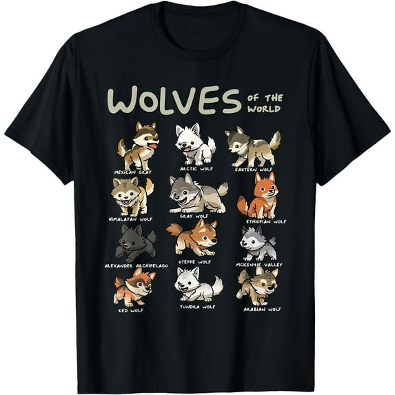 Chibi Wolf Wolves Animals of the World Wolf Lover Unisex T-Shirt for Men Women Kids Toddler,Black Color,Size YXS