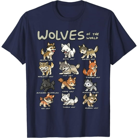 Chibi Wolf Wolves Animals of the World Wolf Lover Unisex T-Shirt for Men Women Kids Toddler,Navy Color,Size 2T