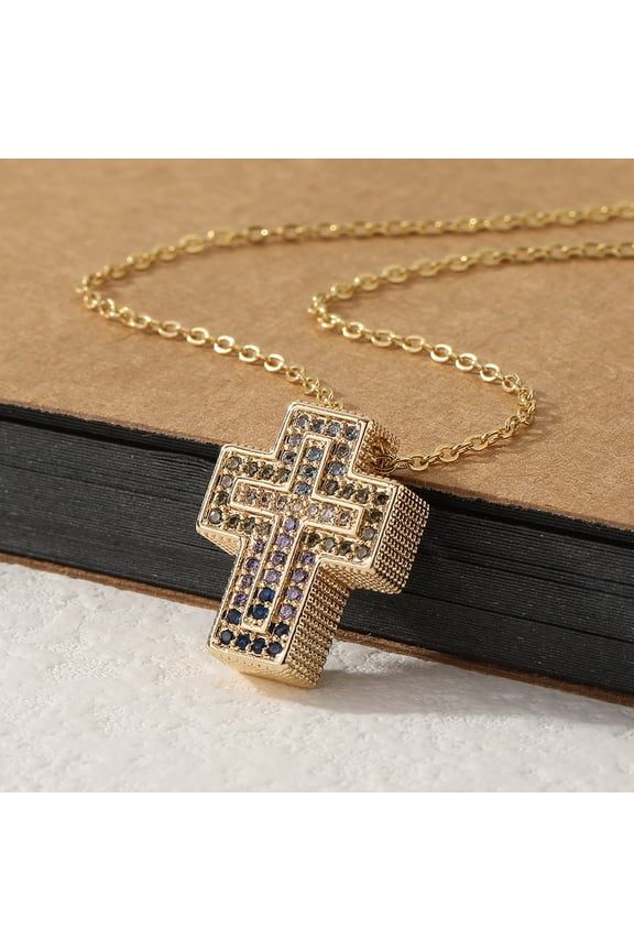 Chic 14K Yellow Gold Cross Necklace Full Zircon Pendant for Women Luxury Couple Jewelry