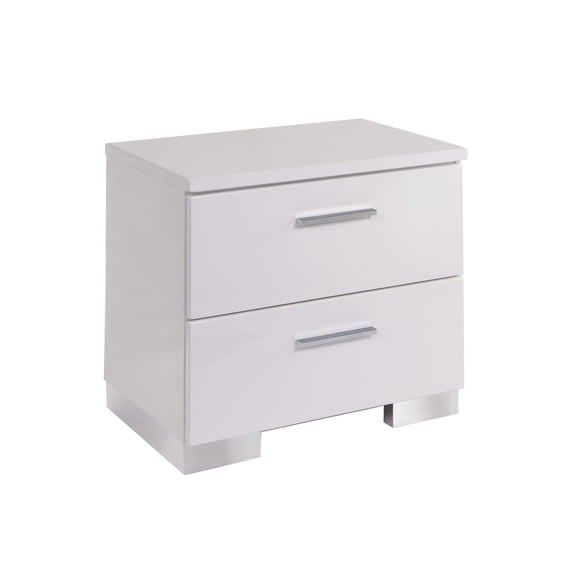 Chic 2-Drawer White Nightstand with High Gloss Finish & Chrome Legs - Modern Bedroom Furniture, Solid Wood+MDF, 23" W x 15" D x 23" H, Ball-Bearing Glides