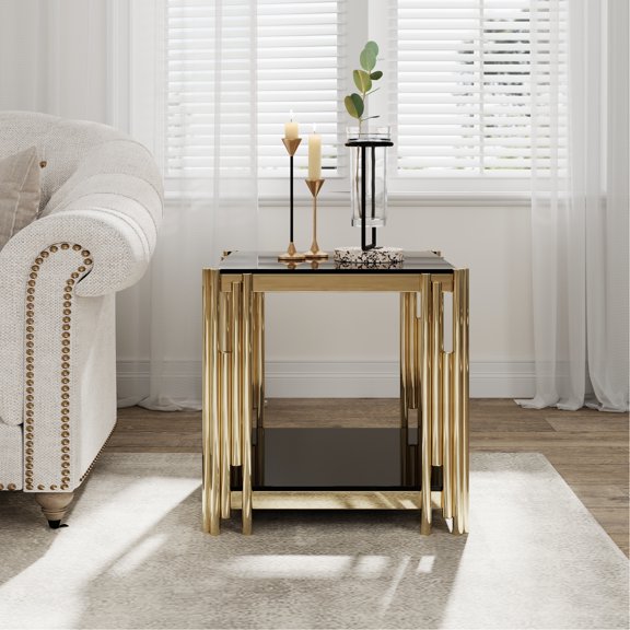 Chic 20" Square End Table With Black Glass And Golden Stainless Steel, For Living Room Decor Steel Tempered Glass, Fashionable Home