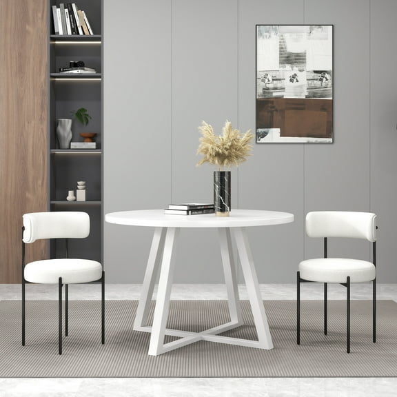 Chic 3 Dining: Round Table & 2 Stable Iron Leg Boucle Chairs Modern Wooden