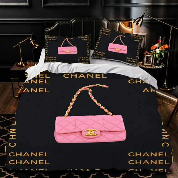 Chic 3-Piece Duvet Cover Set - Black Comforter with Repeated Includes Matching Pink & Black Pillows Luxurious Bedroom Decor