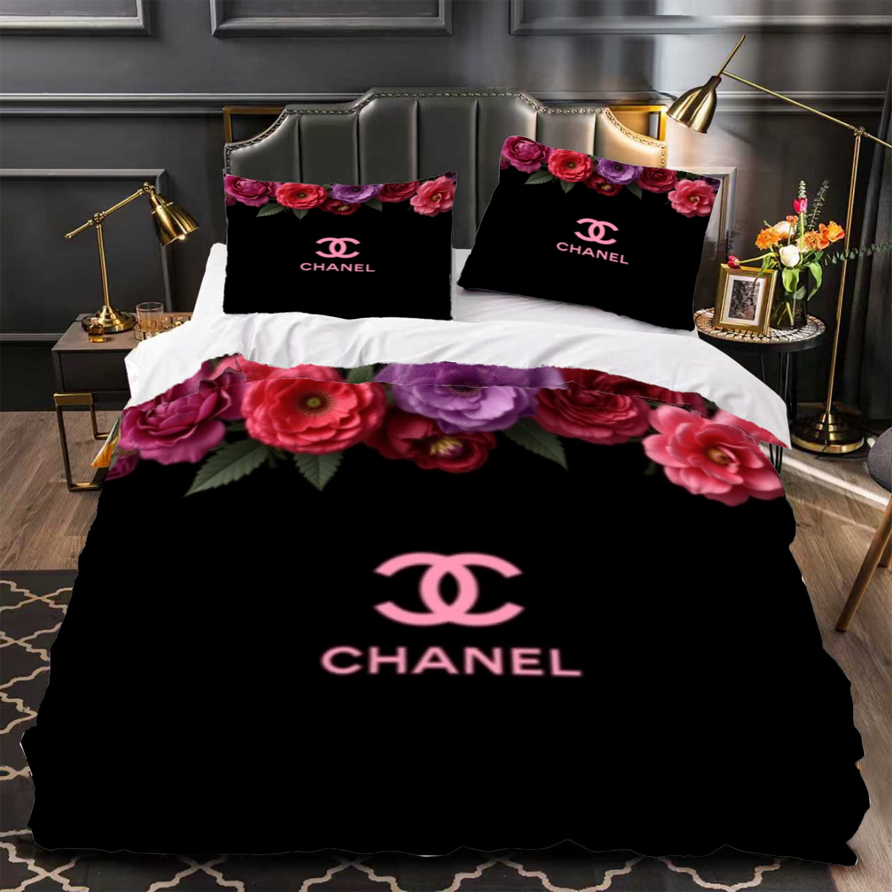 Chic 3-Piece Duvet Cover Set - Black Floral Design with Pink & Red ...