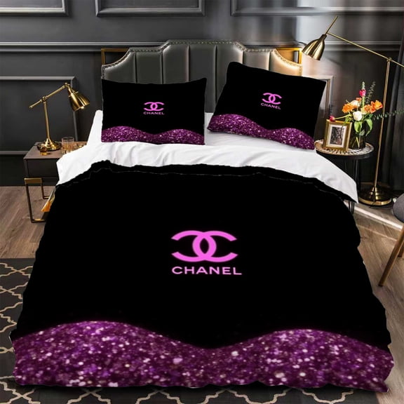 Chic 3-Piece Duvet Cover Set - Black & Purple Glam with Glittery Accents Modern Bedroom Decor