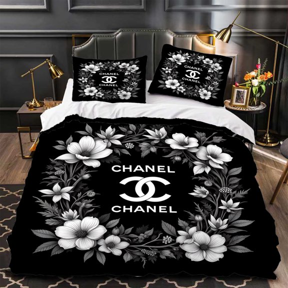 Chic 3-Piece Duvet Cover Set - Black & White Floral Design Elegant Modern Bedroom Decor Style