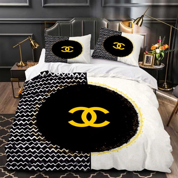 Chic 3-Piece Duvet Cover Set - Black & White Zigzag Pattern with Yellow Accents Elegant Modern Bedroom Decor