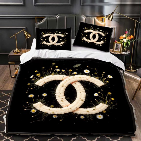 Chic 3-Piece Duvet Cover Set - Luxurious Black with White Floral Accents Elegant Modern Bedroom Decor