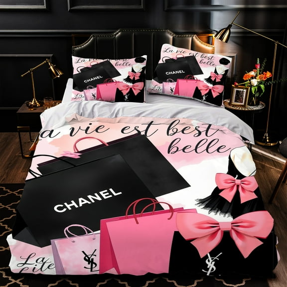 Chic 3-Piece Duvet Cover Set - Pink & Black Bow Design Elegant Geometric Pattern Luxurious Bedding for Stylish Bedrooms