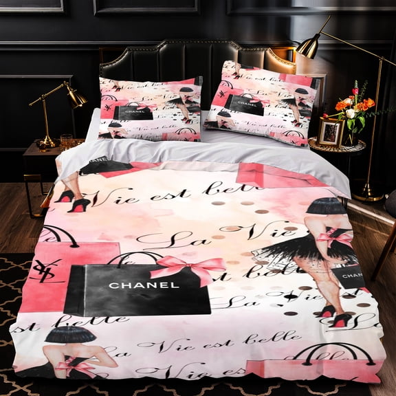 Chic 3-Piece Duvet Cover Set Pink Black & White Pattern with Fashion Illustrations & Cursive Text - Stylish Bedding for Elegant Bedrooms