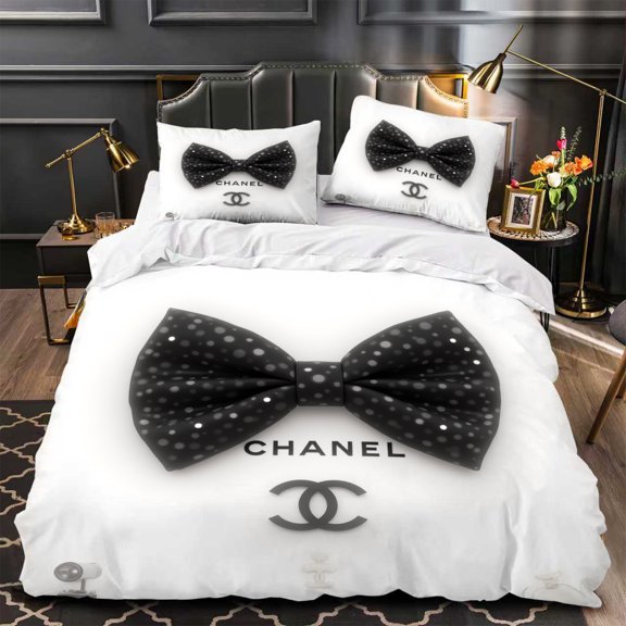 Chic 3-Piece Duvet Cover Set - White with Black Bow & Polka Dots Elegant Modern Bedroom Decor